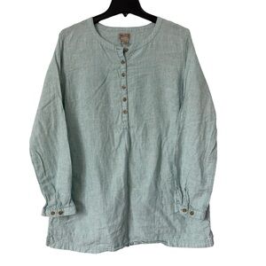 Duluth Trading Hemp Organic Cotton Tunic Top L Green White Pinstripe Roll Tab